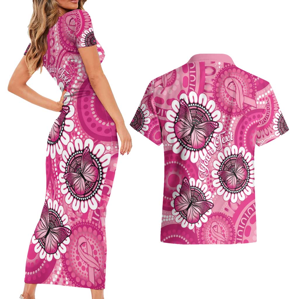 Personalised Australia Indigenous Couples Matching Short Sleeve Bodycon Dress and Hawaiian Shirt Breast Cancer Ribbon Think Pink - Pink Version LT14