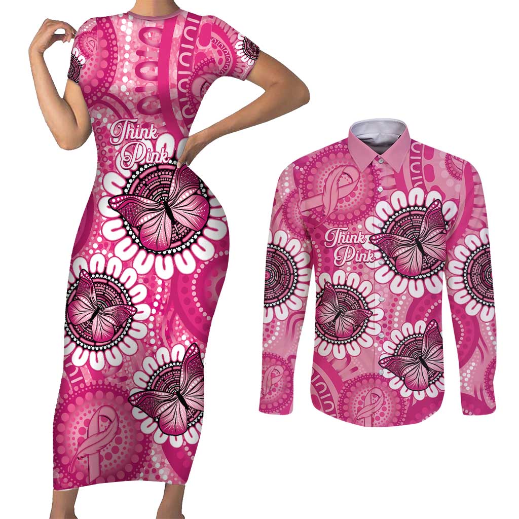 Personalised Australia Indigenous Couples Matching Short Sleeve Bodycon Dress and Long Sleeve Button Shirt Breast Cancer Ribbon Think Pink - Pink Version LT14