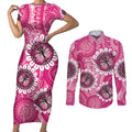 Personalised Australia Indigenous Couples Matching Short Sleeve Bodycon Dress and Long Sleeve Button Shirt Breast Cancer Ribbon Think Pink - Pink Version LT14