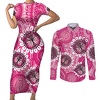 Personalised Australia Indigenous Couples Matching Short Sleeve Bodycon Dress and Long Sleeve Button Shirt Breast Cancer Ribbon Think Pink - Pink Version LT14