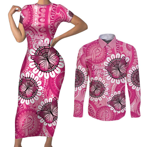 Personalised Australia Indigenous Couples Matching Short Sleeve Bodycon Dress and Long Sleeve Button Shirt Breast Cancer Ribbon Think Pink - Pink Version LT14