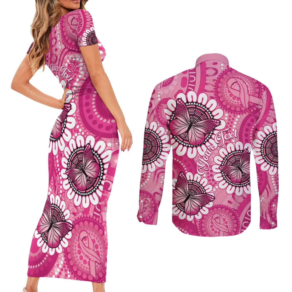 Personalised Australia Indigenous Couples Matching Short Sleeve Bodycon Dress and Long Sleeve Button Shirt Breast Cancer Ribbon Think Pink - Pink Version LT14