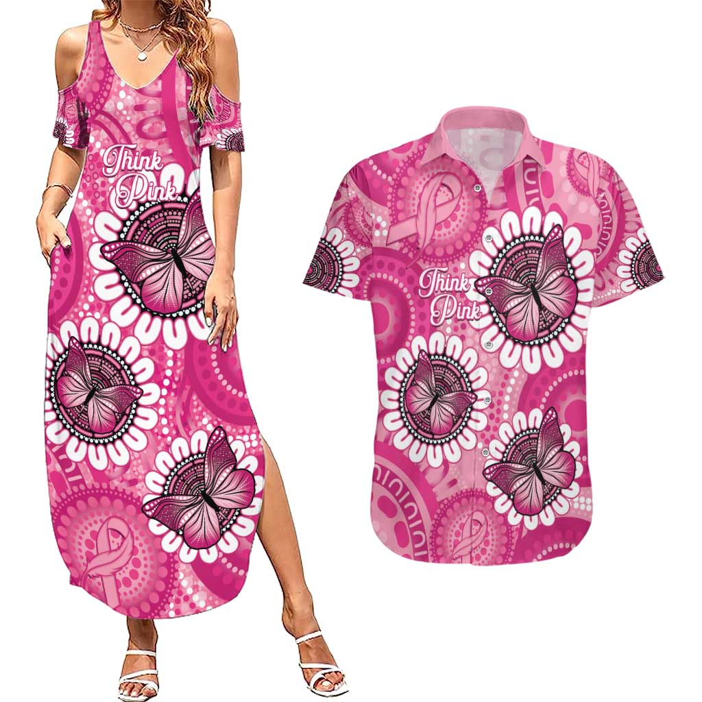 Personalised Australia Indigenous Couples Matching Summer Maxi Dress and Hawaiian Shirt Breast Cancer Ribbon Think Pink - Pink Version LT14