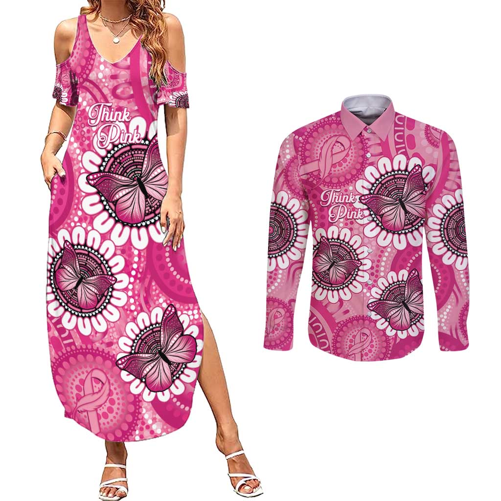 Personalised Australia Indigenous Couples Matching Summer Maxi Dress and Long Sleeve Button Shirt Breast Cancer Ribbon Think Pink - Pink Version LT14
