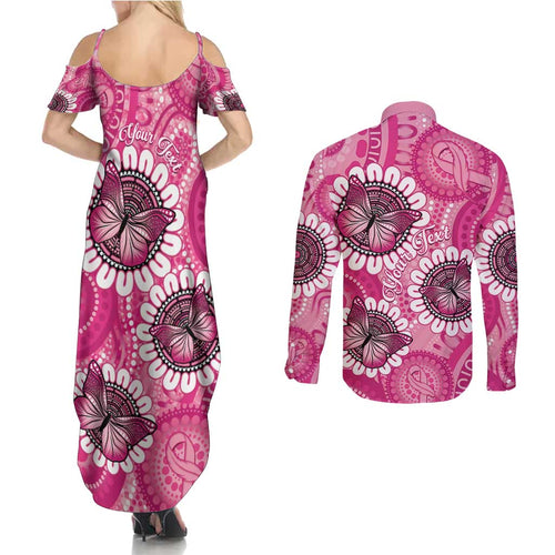 Personalised Australia Indigenous Couples Matching Summer Maxi Dress and Long Sleeve Button Shirt Breast Cancer Ribbon Think Pink - Pink Version LT14