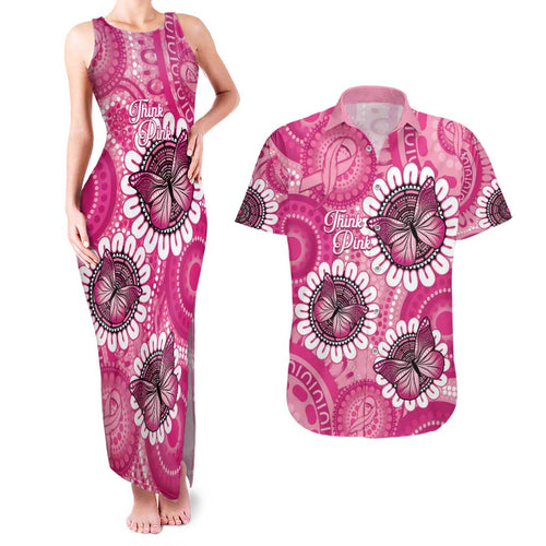 Personalised Australia Indigenous Couples Matching Tank Maxi Dress and Hawaiian Shirt Breast Cancer Ribbon Think Pink - Pink Version LT14