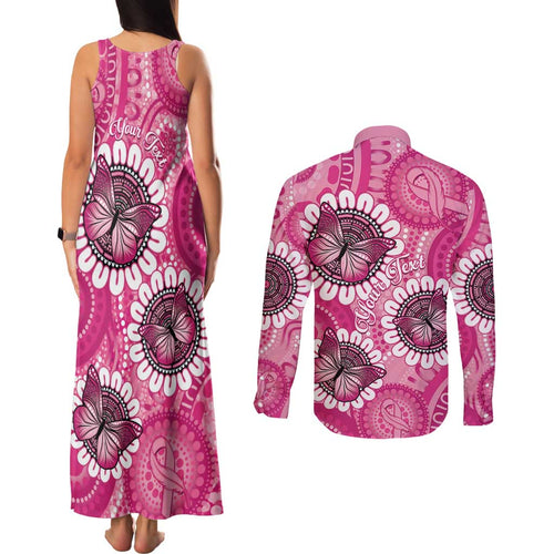 Personalised Australia Indigenous Couples Matching Tank Maxi Dress and Long Sleeve Button Shirt Breast Cancer Ribbon Think Pink - Pink Version LT14