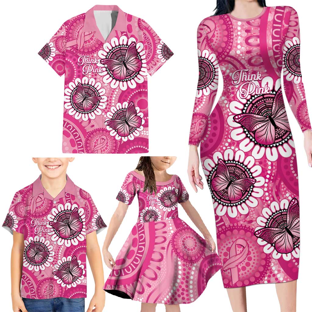 Personalised Australia Indigenous Family Matching Long Sleeve Bodycon Dress and Hawaiian Shirt Breast Cancer Ribbon Think Pink - Pink Version LT14