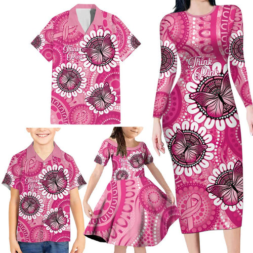 Personalised Australia Indigenous Family Matching Long Sleeve Bodycon Dress and Hawaiian Shirt Breast Cancer Ribbon Think Pink - Pink Version LT14