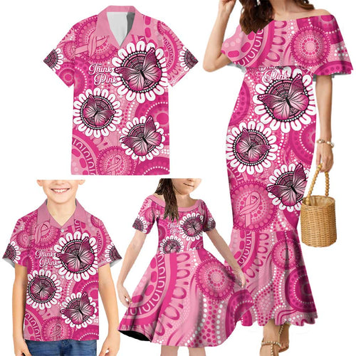 Personalised Australia Indigenous Family Matching Mermaid Dress and Hawaiian Shirt Breast Cancer Ribbon Think Pink - Pink Version LT14