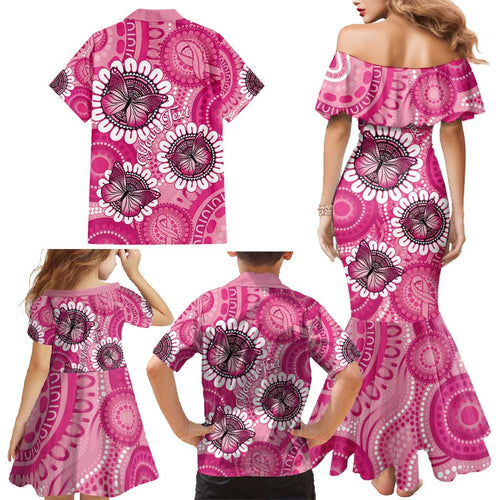 Personalised Australia Indigenous Family Matching Mermaid Dress and Hawaiian Shirt Breast Cancer Ribbon Think Pink - Pink Version LT14