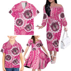 Personalised Australia Indigenous Family Matching Off The Shoulder Long Sleeve Dress and Hawaiian Shirt Breast Cancer Ribbon Think Pink - Pink Version LT14