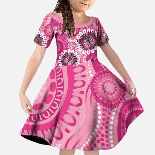 Personalised Australia Indigenous Family Matching Off The Shoulder Long Sleeve Dress and Hawaiian Shirt Breast Cancer Ribbon Think Pink - Pink Version LT14