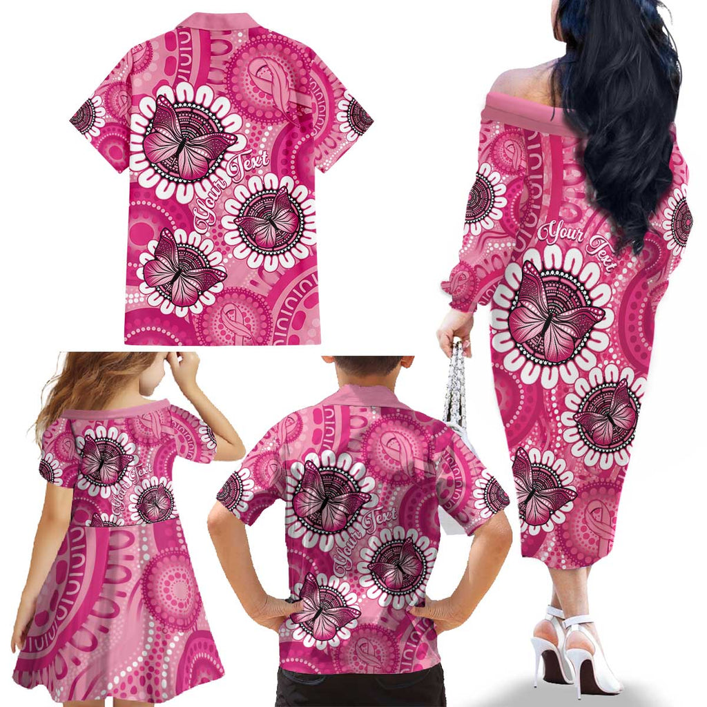 Personalised Australia Indigenous Family Matching Off The Shoulder Long Sleeve Dress and Hawaiian Shirt Breast Cancer Ribbon Think Pink - Pink Version LT14