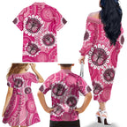 Personalised Australia Indigenous Family Matching Off The Shoulder Long Sleeve Dress and Hawaiian Shirt Breast Cancer Ribbon Think Pink - Pink Version LT14
