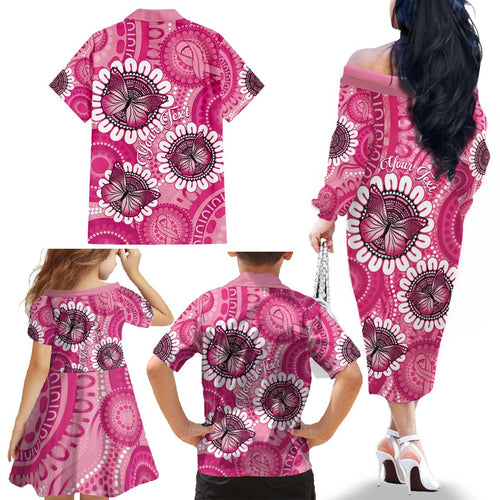 Personalised Australia Indigenous Family Matching Off The Shoulder Long Sleeve Dress and Hawaiian Shirt Breast Cancer Ribbon Think Pink - Pink Version LT14