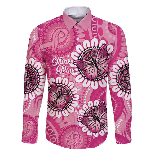 Personalised Australia Indigenous Family Matching Off The Shoulder Long Sleeve Dress and Hawaiian Shirt Breast Cancer Ribbon Think Pink - Pink Version LT14