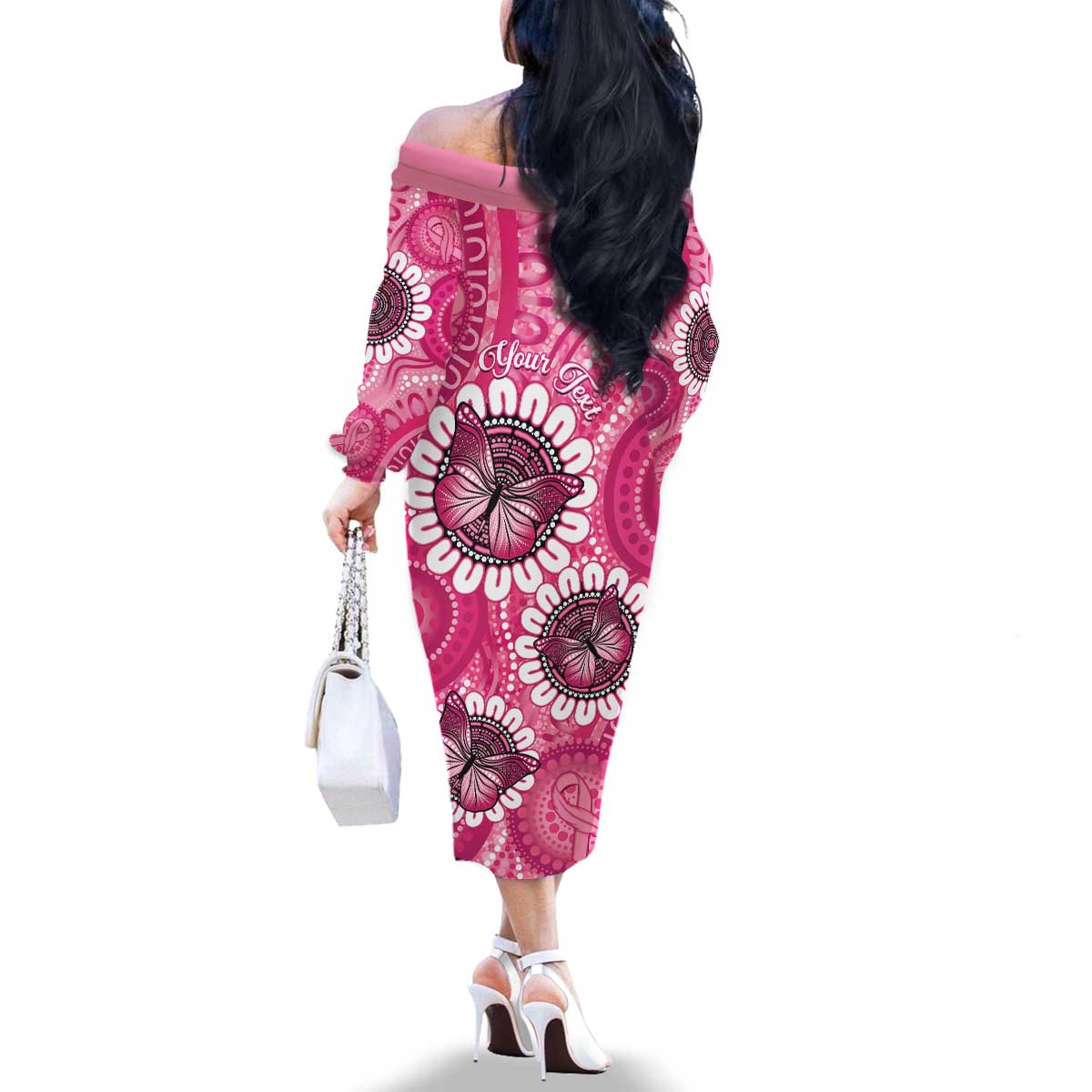 Personalised Australia Indigenous Family Matching Off The Shoulder Long Sleeve Dress and Hawaiian Shirt Breast Cancer Ribbon Think Pink - Pink Version LT14