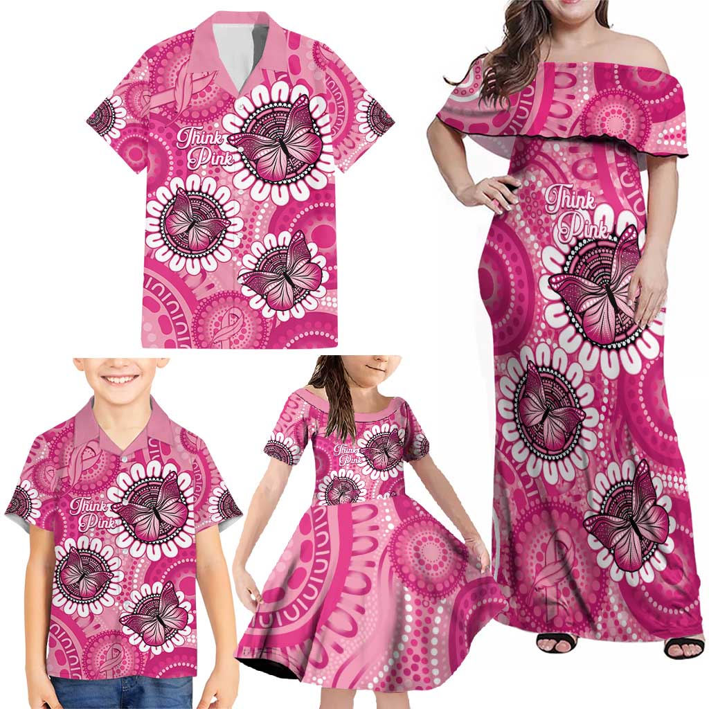 Personalised Australia Indigenous Family Matching Off Shoulder Maxi Dress and Hawaiian Shirt Breast Cancer Ribbon Think Pink - Pink Version LT14