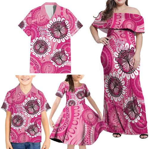 Personalised Australia Indigenous Family Matching Off Shoulder Maxi Dress and Hawaiian Shirt Breast Cancer Ribbon Think Pink - Pink Version LT14
