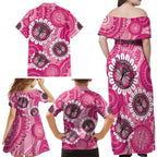 Personalised Australia Indigenous Family Matching Off Shoulder Maxi Dress and Hawaiian Shirt Breast Cancer Ribbon Think Pink - Pink Version LT14
