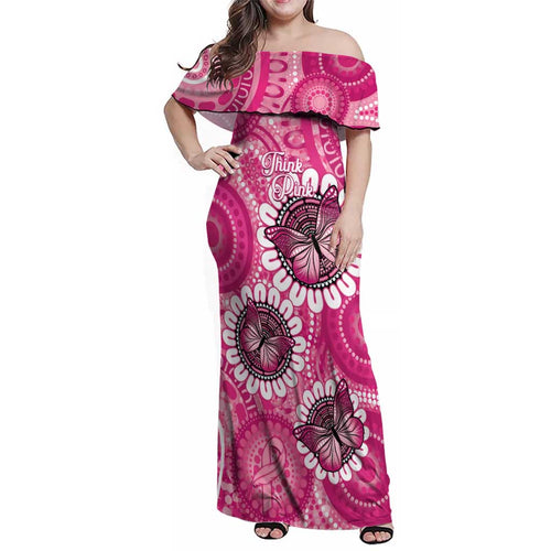 Personalised Australia Indigenous Family Matching Off Shoulder Maxi Dress and Hawaiian Shirt Breast Cancer Ribbon Think Pink - Pink Version LT14