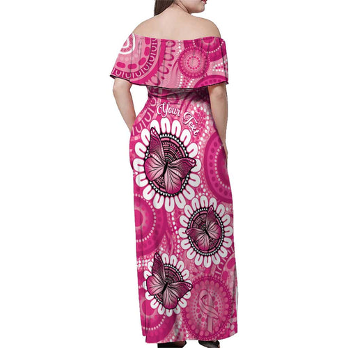 Personalised Australia Indigenous Family Matching Off Shoulder Maxi Dress and Hawaiian Shirt Breast Cancer Ribbon Think Pink - Pink Version LT14