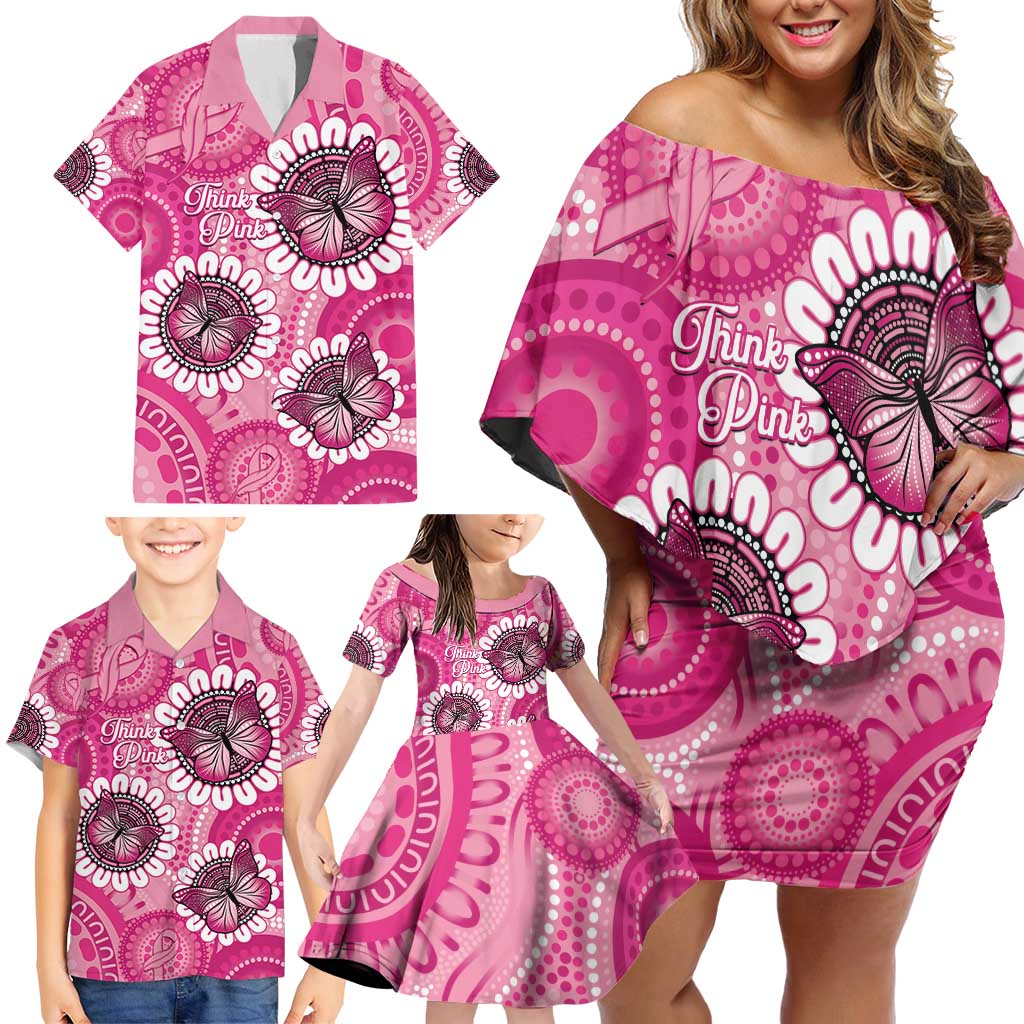 Personalised Australia Indigenous Family Matching Off Shoulder Short Dress and Hawaiian Shirt Breast Cancer Ribbon Think Pink - Pink Version LT14