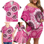 Personalised Australia Indigenous Family Matching Off Shoulder Short Dress and Hawaiian Shirt Breast Cancer Ribbon Think Pink - Pink Version LT14