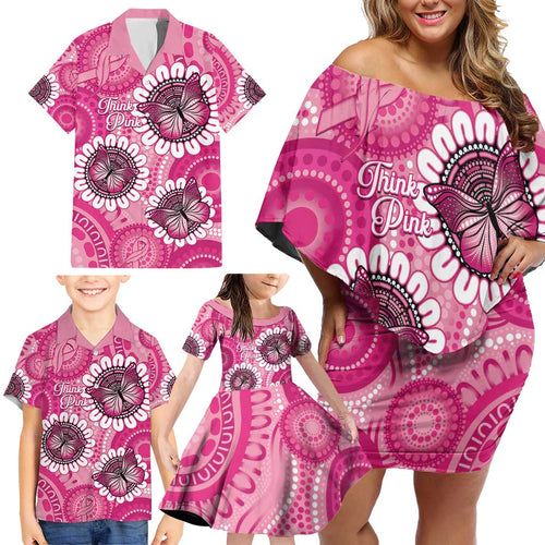 Personalised Australia Indigenous Family Matching Off Shoulder Short Dress and Hawaiian Shirt Breast Cancer Ribbon Think Pink - Pink Version LT14