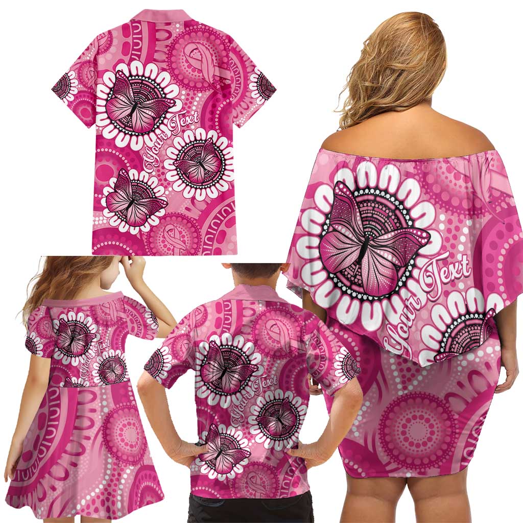 Personalised Australia Indigenous Family Matching Off Shoulder Short Dress and Hawaiian Shirt Breast Cancer Ribbon Think Pink - Pink Version LT14