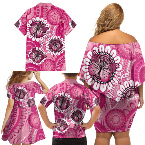 Personalised Australia Indigenous Family Matching Off Shoulder Short Dress and Hawaiian Shirt Breast Cancer Ribbon Think Pink - Pink Version LT14