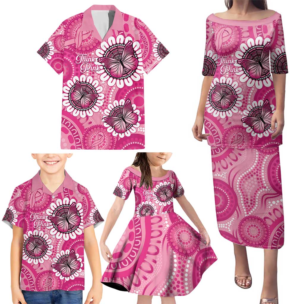 Personalised Australia Indigenous Family Matching Puletasi and Hawaiian Shirt Breast Cancer Ribbon Think Pink - Pink Version LT14
