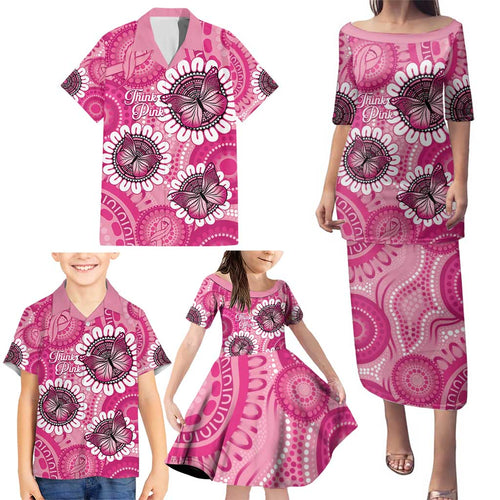 Personalised Australia Indigenous Family Matching Puletasi and Hawaiian Shirt Breast Cancer Ribbon Think Pink - Pink Version LT14
