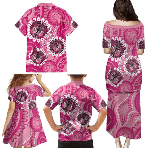 Personalised Australia Indigenous Family Matching Puletasi and Hawaiian Shirt Breast Cancer Ribbon Think Pink - Pink Version LT14