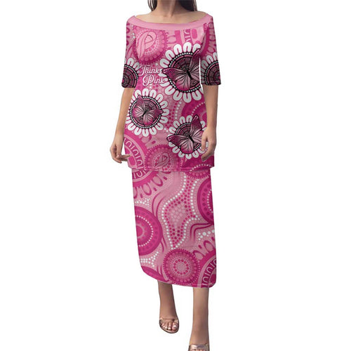 Personalised Australia Indigenous Family Matching Puletasi and Hawaiian Shirt Breast Cancer Ribbon Think Pink - Pink Version LT14