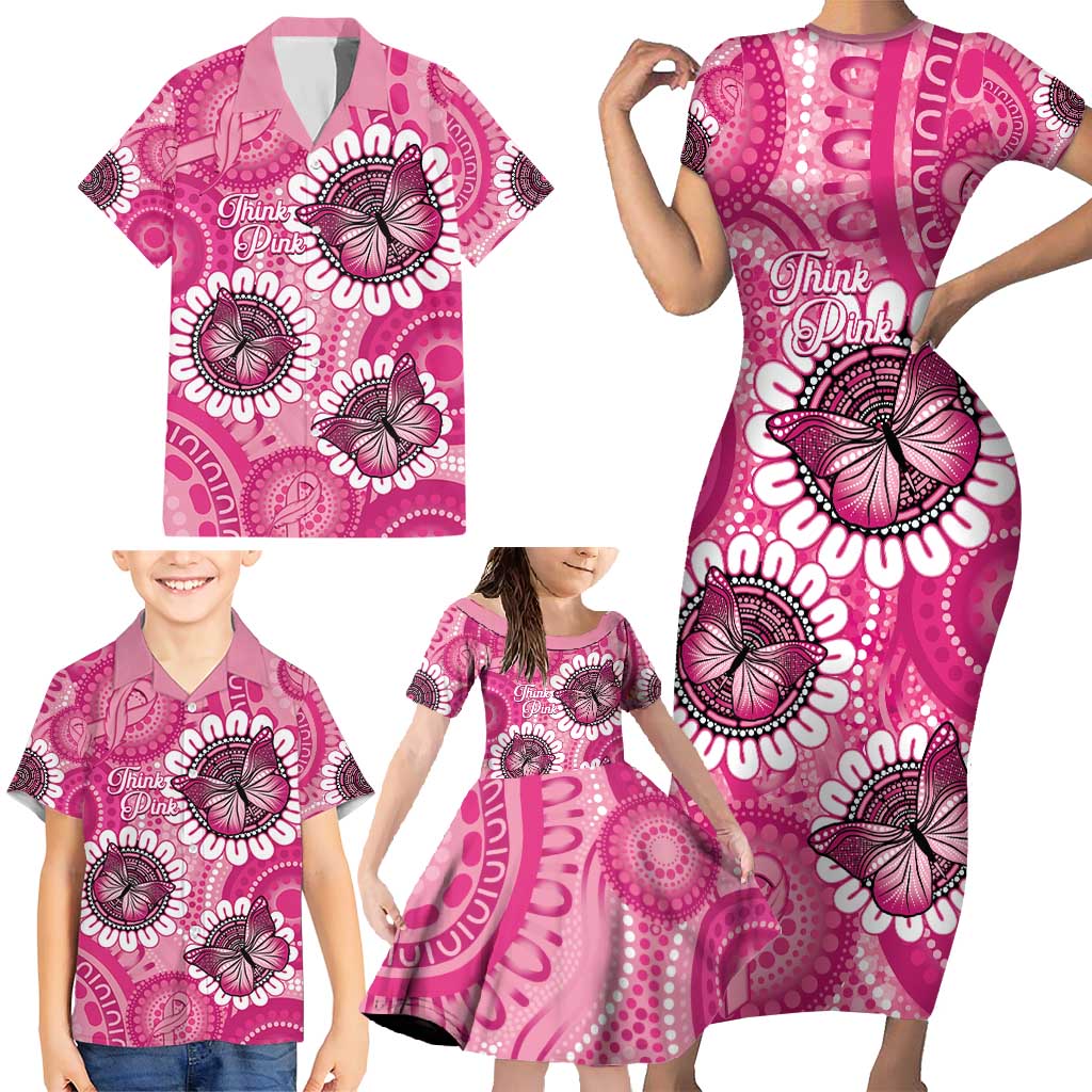 Personalised Australia Indigenous Family Matching Short Sleeve Bodycon Dress and Hawaiian Shirt Breast Cancer Ribbon Think Pink - Pink Version LT14