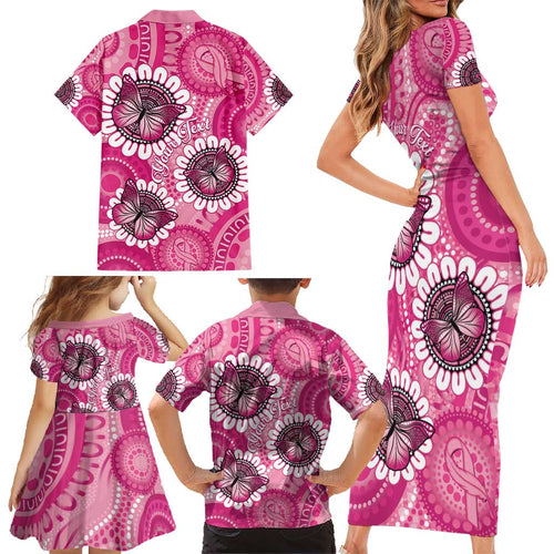 Personalised Australia Indigenous Family Matching Short Sleeve Bodycon Dress and Hawaiian Shirt Breast Cancer Ribbon Think Pink - Pink Version LT14