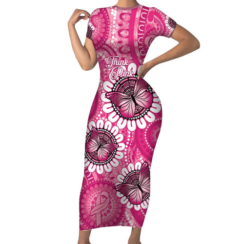 Personalised Australia Indigenous Family Matching Short Sleeve Bodycon Dress and Hawaiian Shirt Breast Cancer Ribbon Think Pink - Pink Version LT14