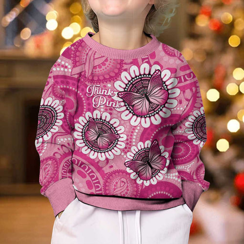 Personalised Australia Indigenous Kid Ugly Christmas Sweater Breast Cancer Ribbon Think Pink - Pink Version - Aussie Hoodie