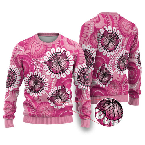 Personalised Australia Indigenous Ugly Christmas Sweater Breast Cancer Ribbon Think Pink - Pink Version - Aussie Hoodie