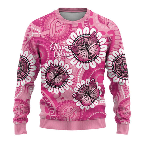 Personalised Australia Indigenous Ugly Christmas Sweater Breast Cancer Ribbon Think Pink - Pink Version - Aussie Hoodie