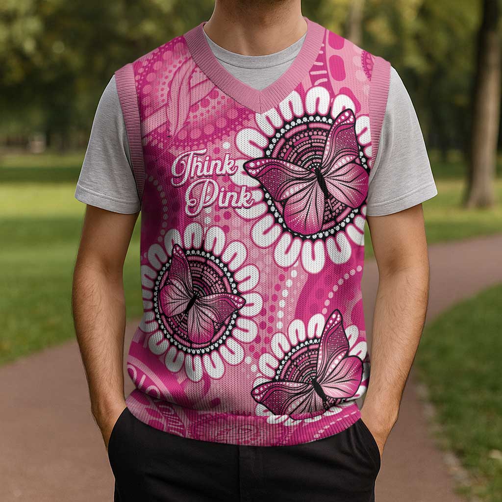 Personalised Australia Indigenous Christmas Knitted V-Neck Vest Breast Cancer Ribbon Think Pink - Pink Version - Aussie Hoodie