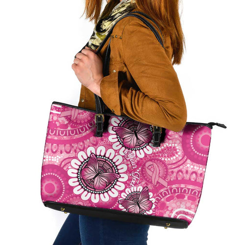 Personalised Australia Indigenous Leather Tote Bag Breast Cancer Ribbon Think Pink - Pink Version LT14