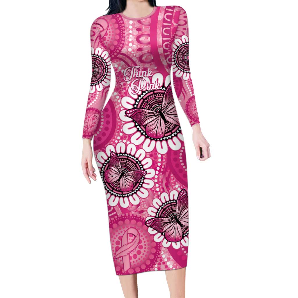Personalised Australia Indigenous Long Sleeve Bodycon Dress Breast Cancer Ribbon Think Pink - Pink Version LT14