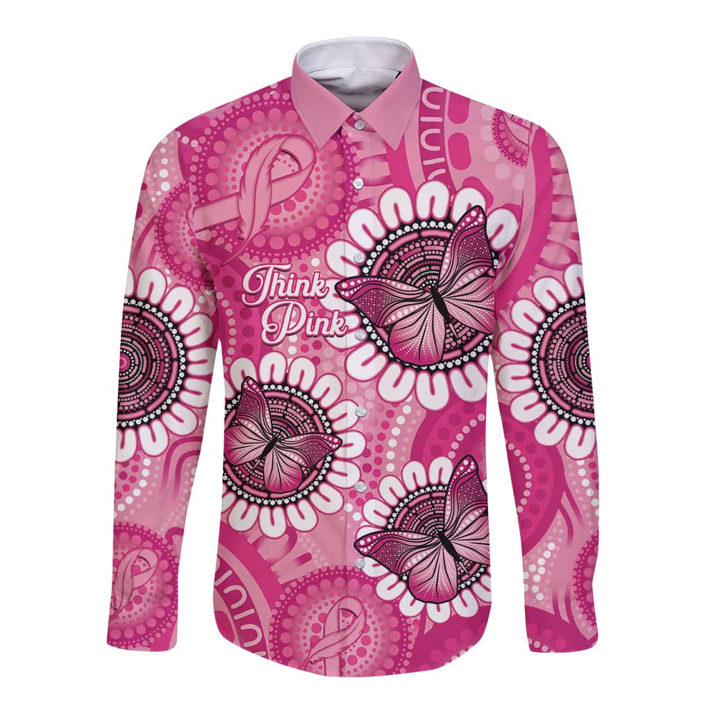Personalised Australia Indigenous Long Sleeve Button Shirt Breast Cancer Ribbon Think Pink - Pink Version LT14
