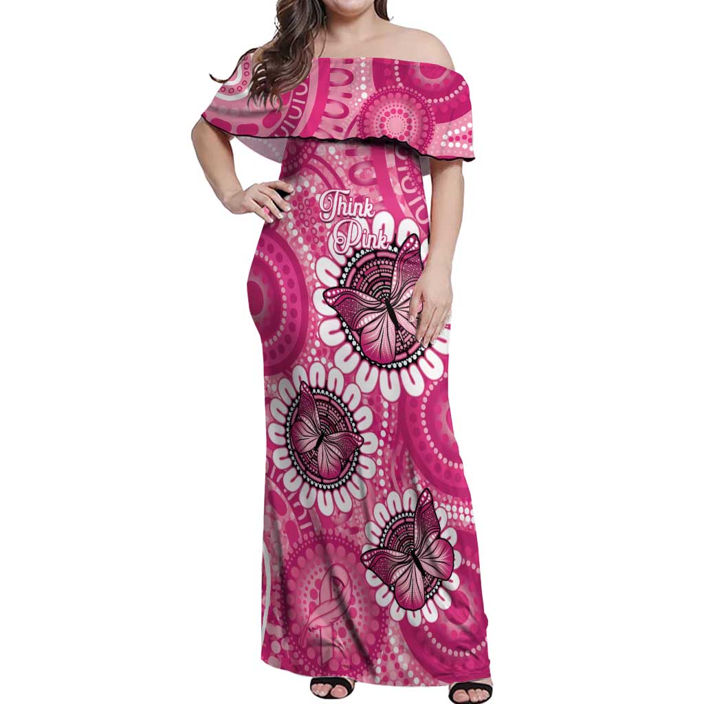 Personalised Australia Indigenous Off Shoulder Maxi Dress Breast Cancer Ribbon Think Pink - Pink Version LT14