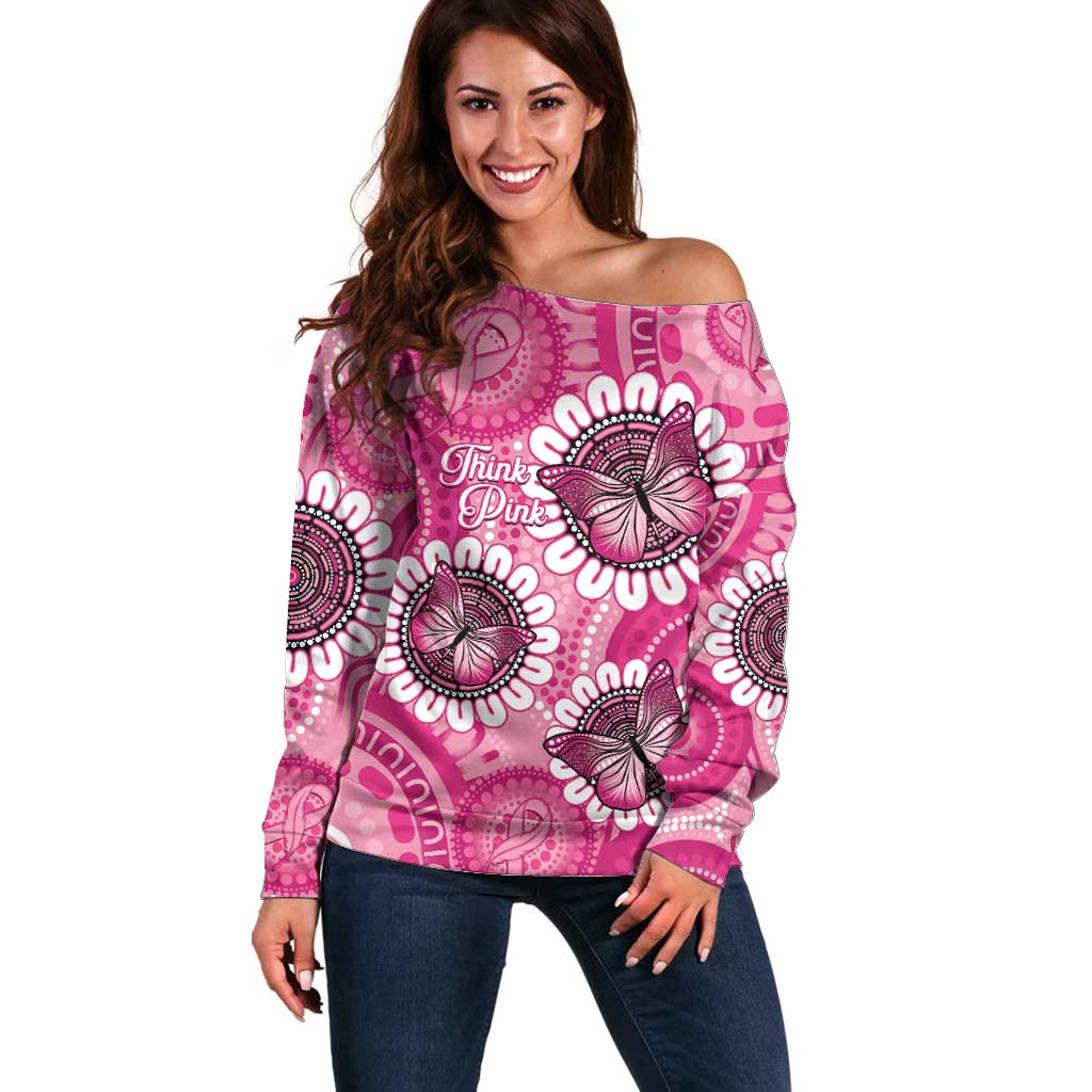 Personalised Australia Indigenous Off Shoulder Sweater Breast Cancer Ribbon Think Pink - Pink Version LT14