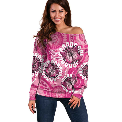Personalised Australia Indigenous Off Shoulder Sweater Breast Cancer Ribbon Think Pink - Pink Version LT14