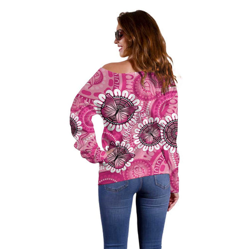 Personalised Australia Indigenous Off Shoulder Sweater Breast Cancer Ribbon Think Pink - Pink Version LT14